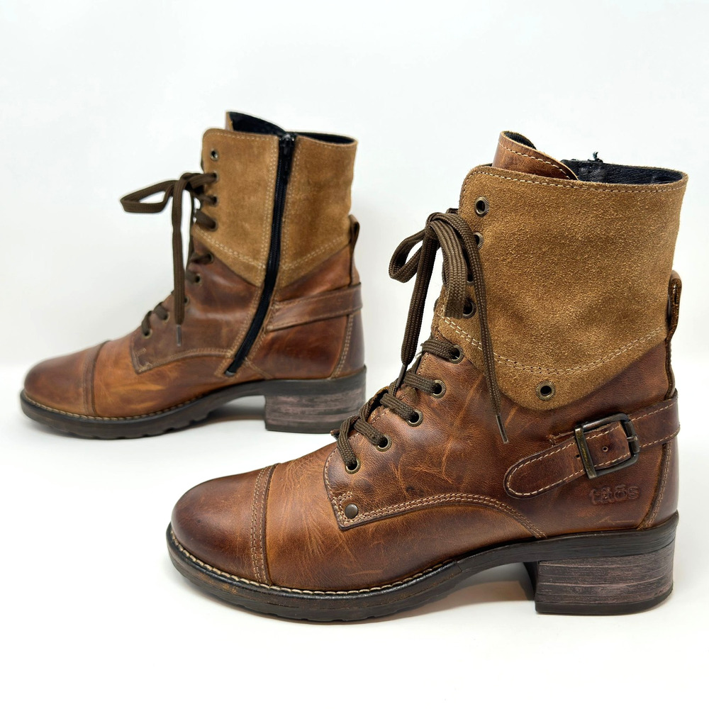 Taos Crave Combat Ankle Boots Womens 9-9.5 EU 40 Brown Leather Suede Side Zip - Picture 9 of 16